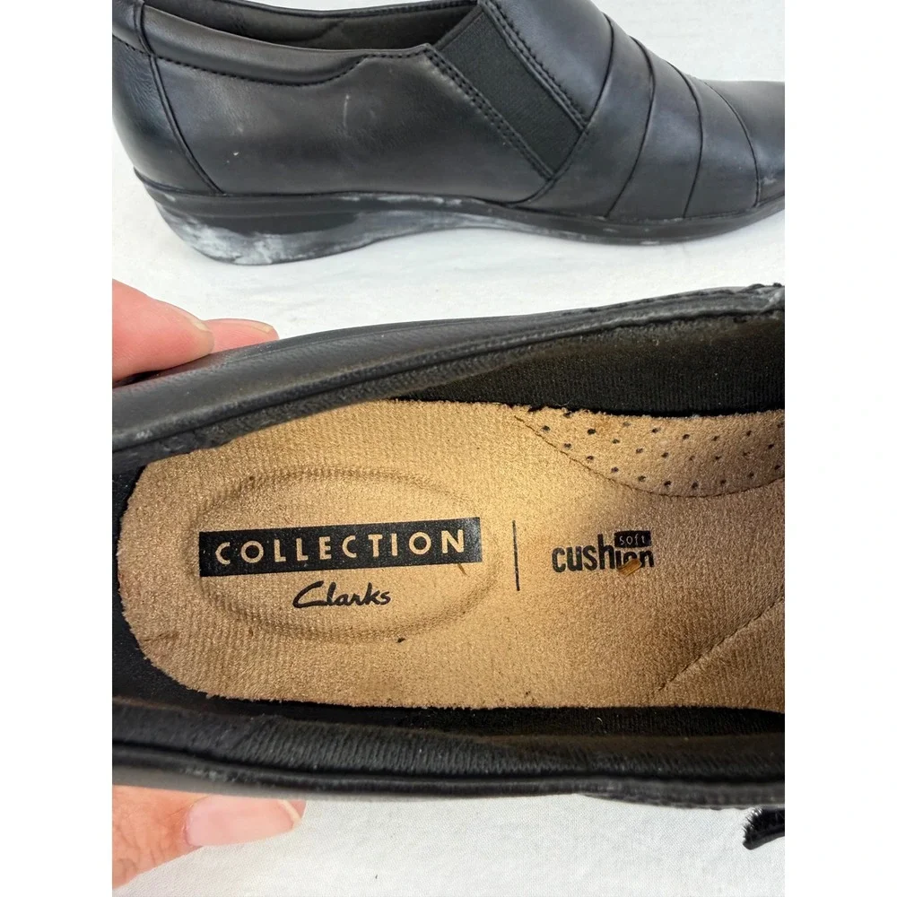 Clarks Collection Black Leather Pleated Hook Loop Strap Loafers Womens 8.5‎ M